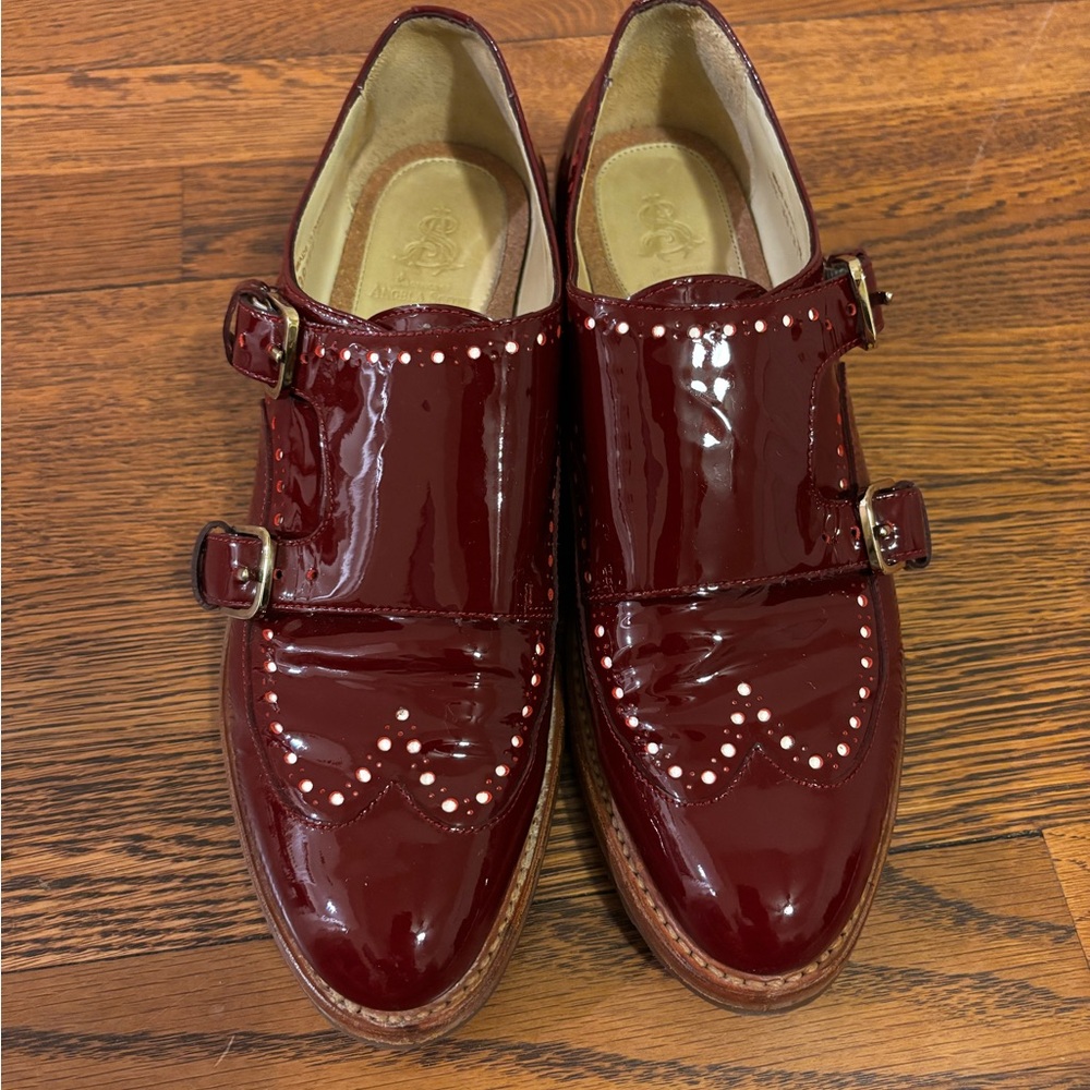 Office of Angela Scott 39.5 Mr York Burgundy Patent Leather Monk Strap Oxfords